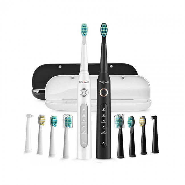 Комплект електрически четки за зъби FairyWill Sonic toothbrush FW-507 - ЧЕРЕН/БЯЛ -- BLACK/WHITE