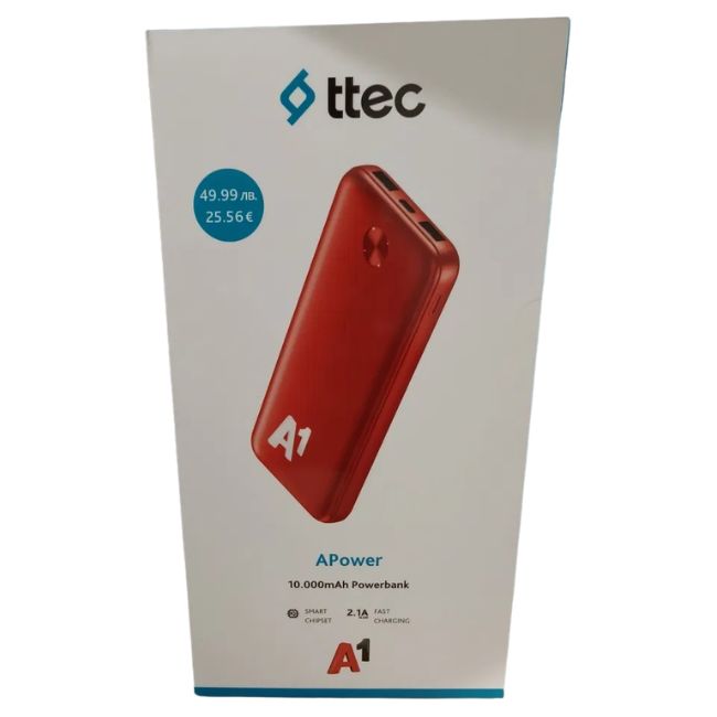 Външна Батерия TTEC Power Bank 10 000mAh с кабел - ЧЕРВЕН -- RED