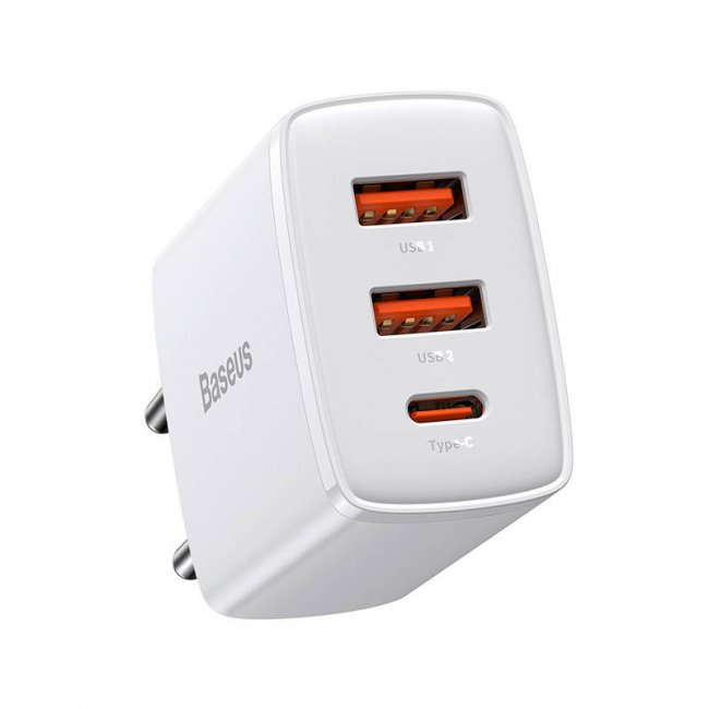 Зарядно устройство Baseus Compact Quick Charger, 2xUSB, USB-C, PD, 3A, 30W - БЯЛ -- WHITE