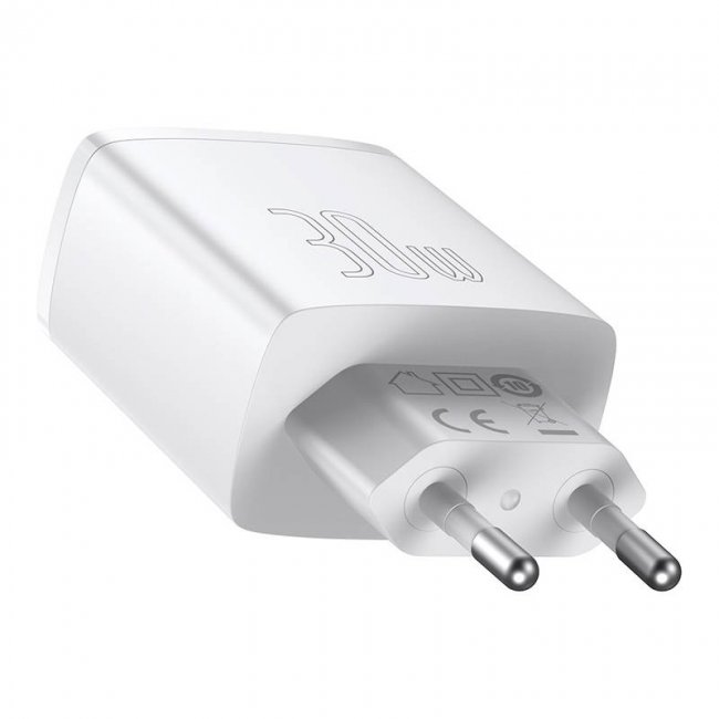 Зарядно устройство Baseus Compact Quick Charger, 2xUSB, USB-C, PD, 3A, 30W - БЯЛ -- WHITE