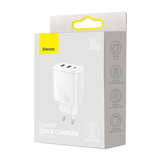 Зарядно устройство Baseus Compact Quick Charger, 2xUSB, USB-C, PD, 3A, 30W - БЯЛ -- WHITE