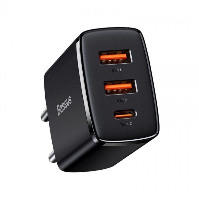 Зарядно устройство Baseus Compact Quick Charger, 2xUSB, USB-C, PD, 3A, 30W - ЧЕРЕН -- BLACK