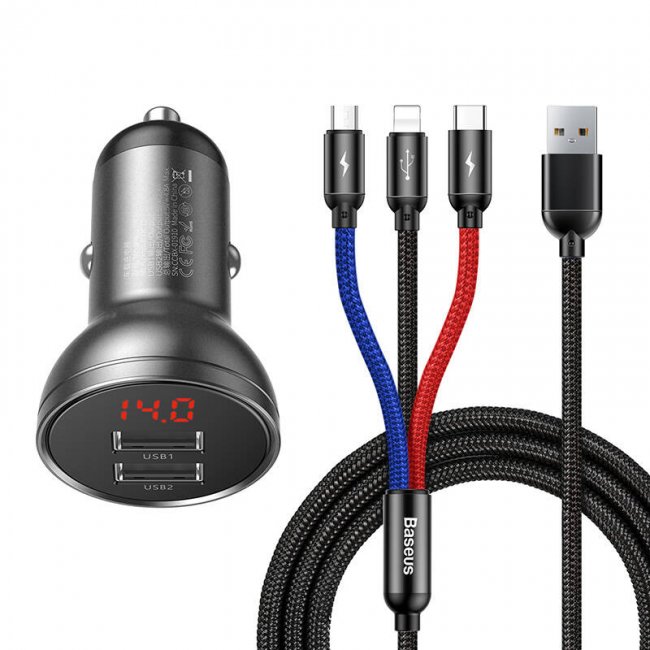 Зарядно устройство Baseus Digital Display Dual USB Car Charger 24W