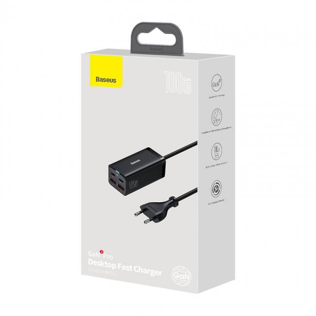 Смарт контакт, разклонител Baseus GaN3 Pro wall charger 2xUSB-C + 2xUSB, 100W