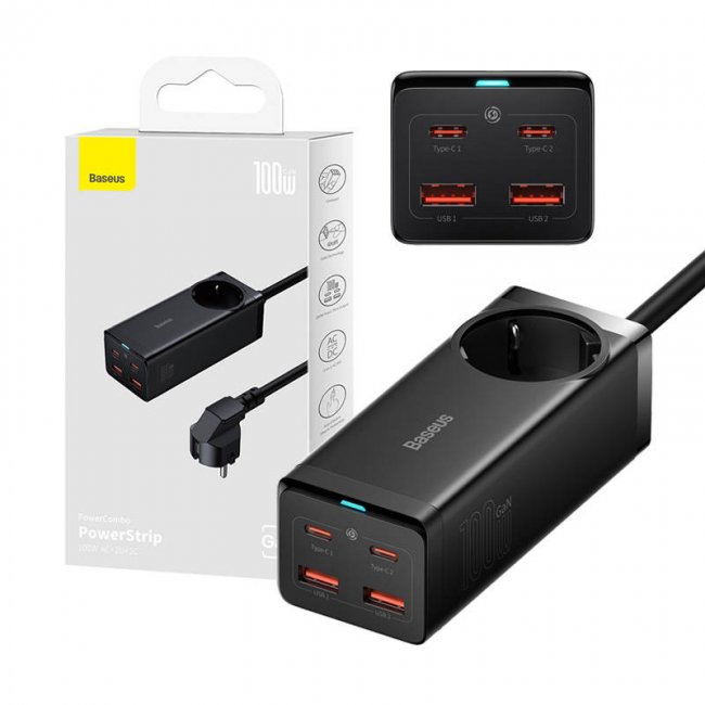 Смарт контакт, разклонител Baseus GaN3 Pro wall charger / powerstrip 2xUSB + 2xUSB-C + AC, 100W