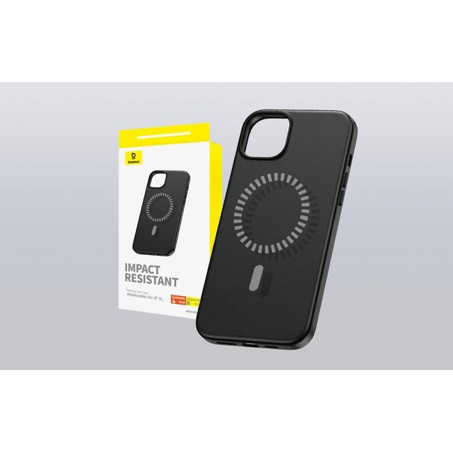Калъф за мобилен телефон Baseus iPhone 15 Magnetic Case Fauxther Series - ЧЕРЕН