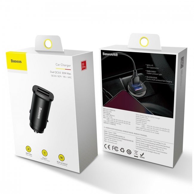 Зарядно устройство Baseus Square Car Charger 2xUSB QC3.0 5A 30W