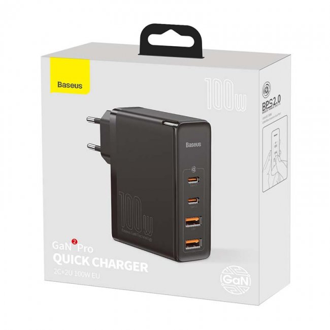 Зарядно устройство Baseus Travel Charger GaN2 Pro Quick 2x USB + 2x USB-C, 100W - ЧЕРЕН -- BLACK