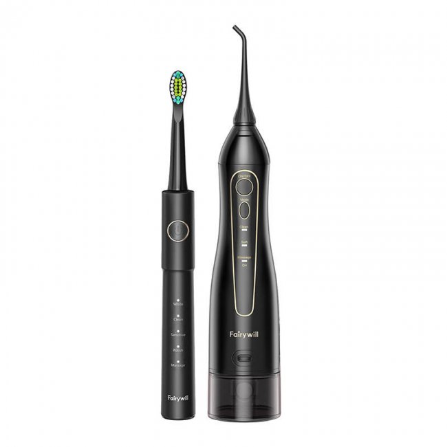 Електрическа четка за зъби FairyWill Sonic toothbrush with tip set and water fosser FW-5020E + FW-E11 - ЧЕРЕН -- BLACK