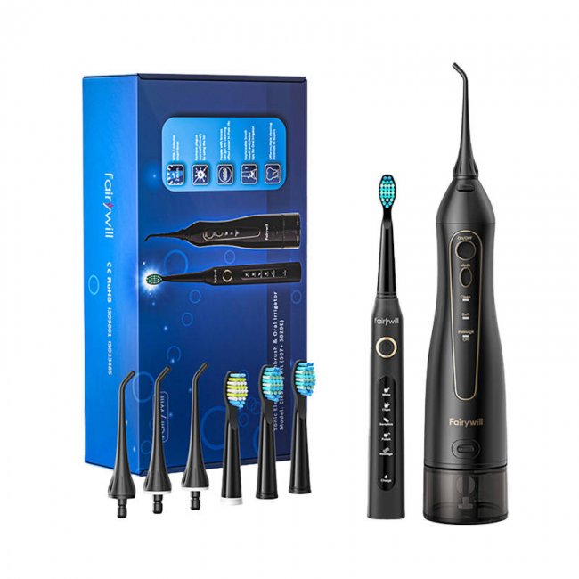 Електрическа четки за зъби FairyWill Sonic toothbrush with tip set and water fosser FW-507+FW-5020E - ЧЕРЕН -- BLACK