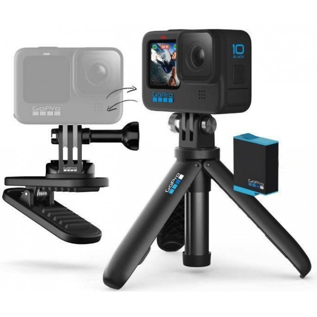 Камера за Екстремни Спортове GoPro HERO 10, Swivel Clip, Battery, Shorty Tripod (CHDRB-101-CN)