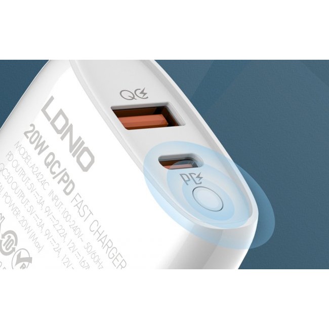 Зарядно устройство LDNIO A2424C Wall charger  USB + USB-C, PD + QC 3.0, 20W