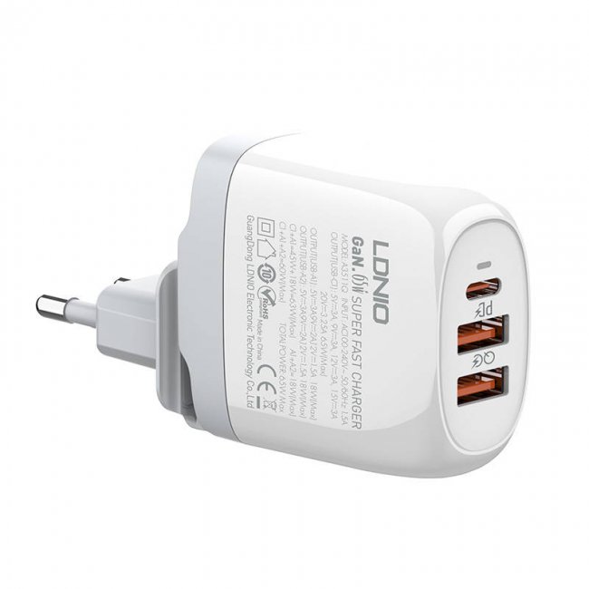 Зарядно устройство LDNIO A3511Q GaN charger A3511Q, 2x USB + USB-C, 65W