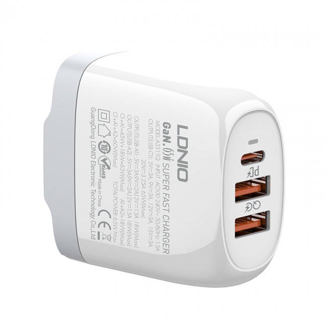 Зарядно устройство LDNIO A3511Q GaN charger A3511Q, 2x USB + USB-C, 65W