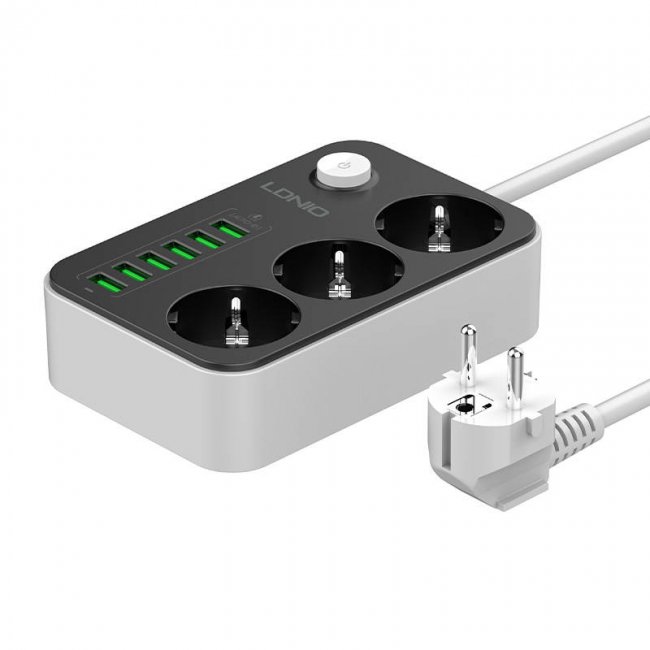 Смарт контакт, разклонител LDNIO SE3631 Power strip with 3 AC sockets, 6x USB, 1.6m