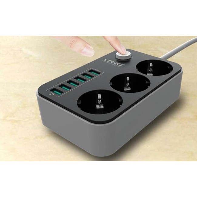 Смарт контакт, разклонител LDNIO SE3631 Power strip with 3 AC sockets, 6x USB, 1.6m