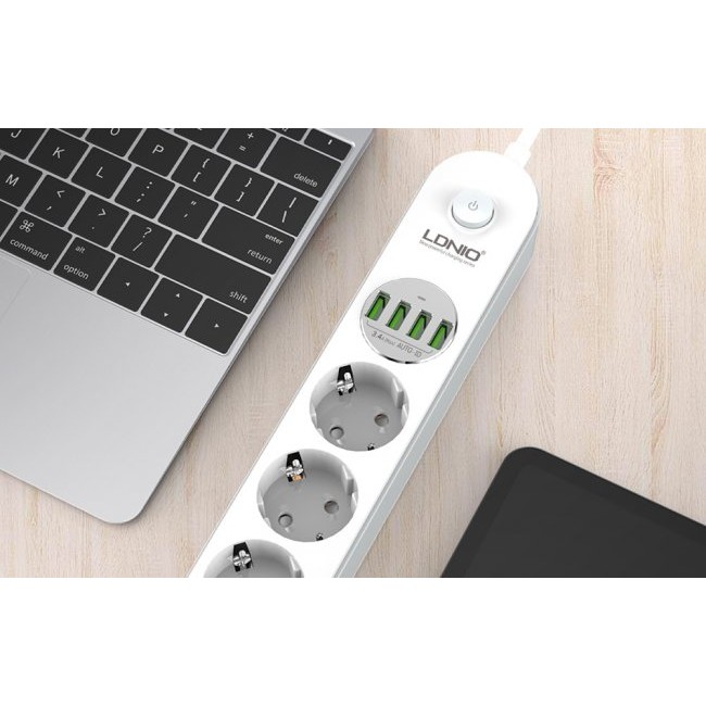 Смарт контакт, разклонител LDNIO SE4432 Power strip with 4 AC sockets, 4x USB, 2m