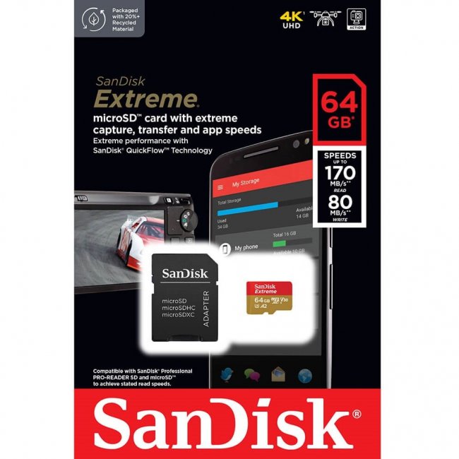Карта памет SanDisk Extreme MicroSDXC 64GB 170/80 MB/s SDSQXAH-064G-GN6MA