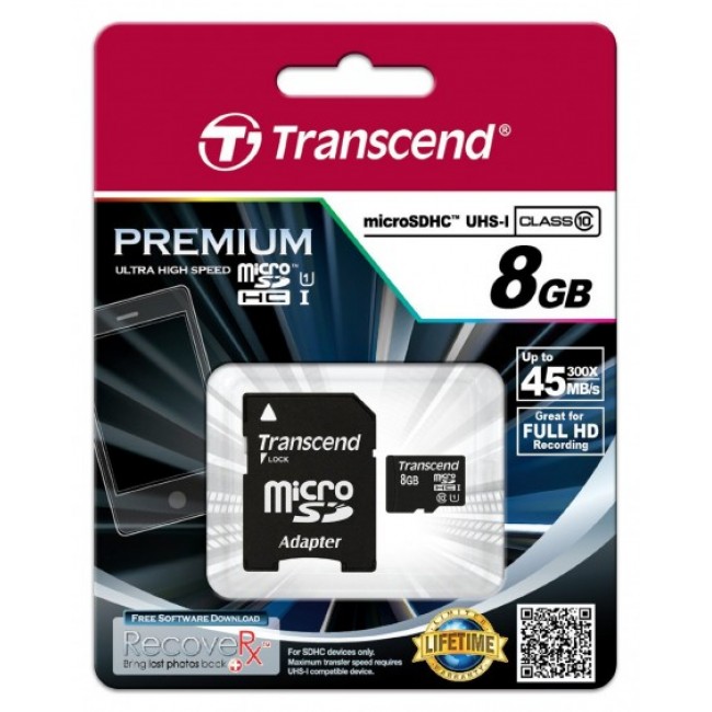 Карта памет Transcend 8GB micro SDHC UHS-I Premium with adapter, Class 10 TS8GUSDU1