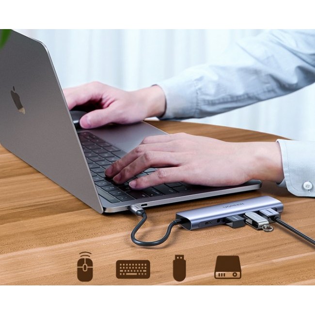 Кабел UGREEN 4in1 CM136 USB-C to HDMI 4K, 3x USB 3.0, Type-C PD + AUX hub adapter